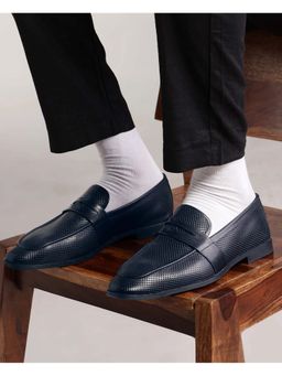 Rare Rabbit - Men Lucent Navy Leather Fabric Loafers - Navy Blue