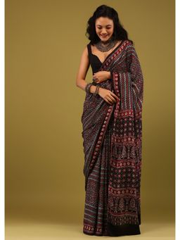 KALKI FASHION - Jet Black Saree In Satin with Unstitched Blouse