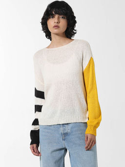 ONLY - Cream Colour Blocked Pullover Sweater