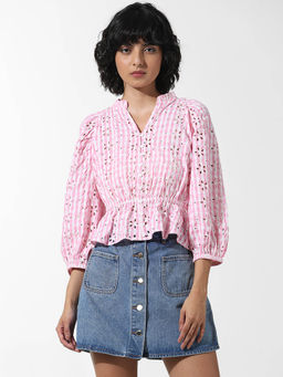 ONLY - Pink Schiffli Cotton Check Top