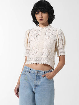 ONLY - Cream Lace Puff-Sleeved Crop Top