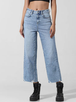 ONLY - Blue High Rise Raw Edge Straight Fit Jeans