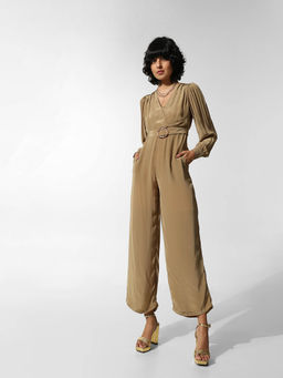 ONLY - Olive-Beige Solid Jumpsuit with Belt (Set of 2)