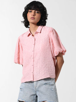 ONLY - Pink Textured Balloon Sleeves Shirt