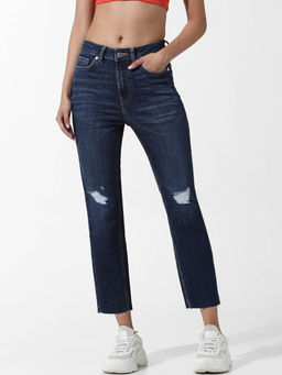 ONLY - Navy Blue High Rise Distressed Straight Fit Jeans