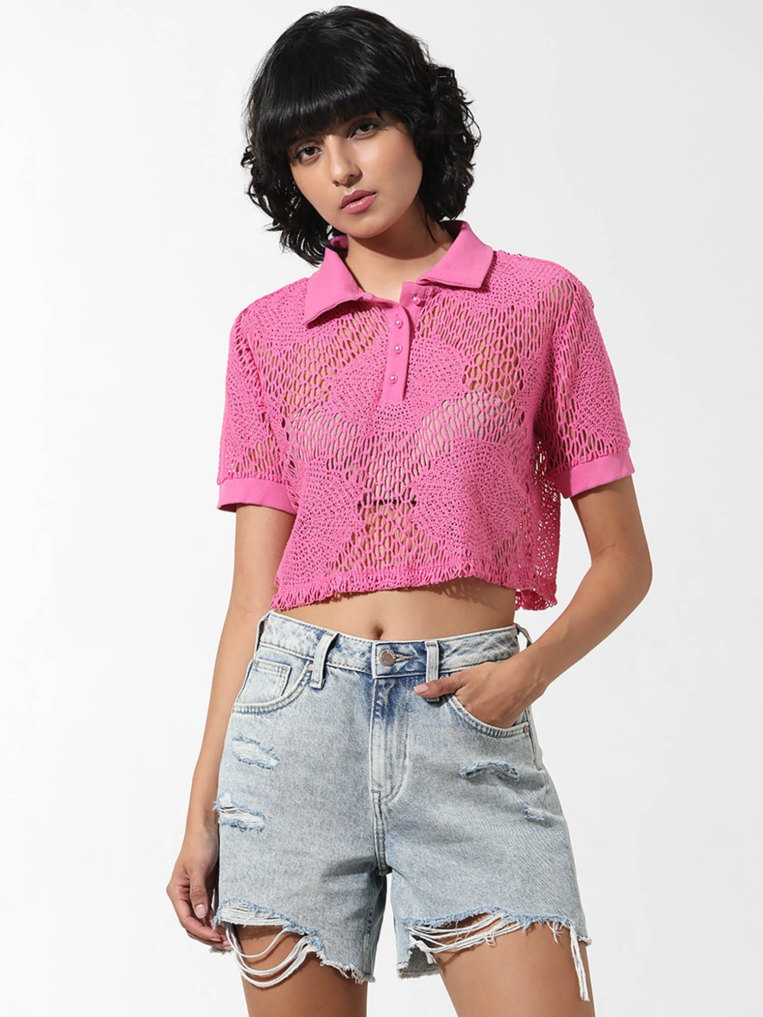 Buy ONLY Pink Crochet Polo T-Shirt Online