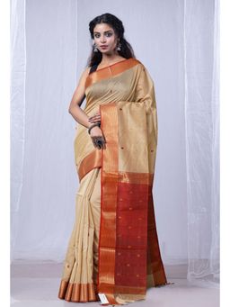 Unnati Silks - Cream Pure Handloom Maheshwari Sico Saree with Unstitched Blouse