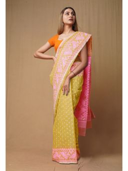 Unnati Silks - Cream Pink Pure Handloom Jamdhani Bengal Cotton Saree without Blouse