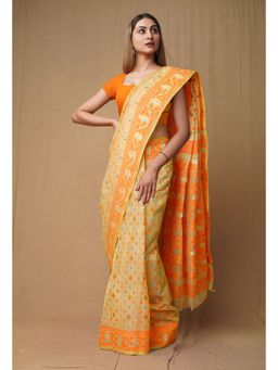 Unnati Silks - Cream Orange Pure Handloom Jamdhani Bengal Cotton Saree without Blouse