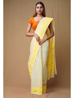 Unnati Silks - Ivory Yellow Pure Handloom Jamdhani Bengal Cotton Saree without Blouse