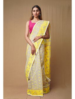 Unnati Silks - Cream Yellow Pure Handloom Jamdhani Bengal Cotton Saree without Blouse