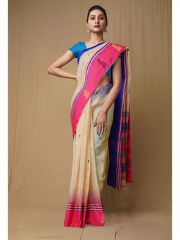 Unnati Silks - Cream Pink Pure Handloom Jamdhani Bengal Cotton Saree without Blouse