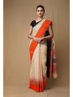 Unnati Silks - Cream Orange Pure Handloom Jamdhani Bengal Cotton Saree without Blouse
