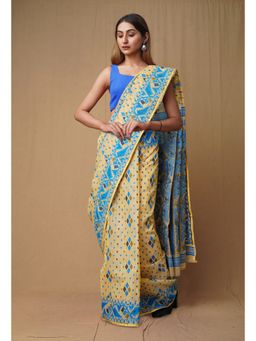 Unnati Silks - Cream Blue Pure Handloom Jamdhani Bengal Cotton Saree without Blouse