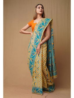 Unnati Silks - Cream Green Pure Handloom Jamdhani Bengal Cotton Saree without Blouse