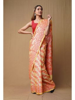 Unnati Silks - Cream Red Pure Handloom Tussar Jamdhani Bengal Cotton Saree without Blouse