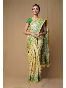 Unnati Silks - Cream Green Pure Handloom Tussar Jamdhani Bengal Cotton Saree without Blouse