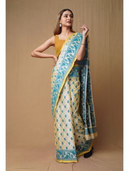 Unnati Silks - Cream Blue Pure Handloom Tussar Jamdhani Bengal Cotton Saree without Blouse