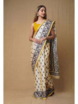 Unnati Silks - Cream Black Pure Handloom Tussar Jamdhani Bengal Cotton Saree without Blouse