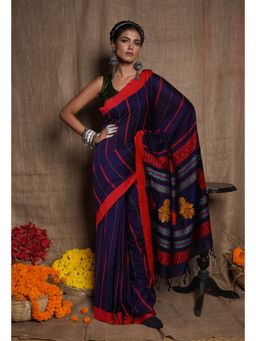 Unnati Silks - Navy Blue Pure Handloom Nagaland Cotton Silk Saree with Unstitched Blouse