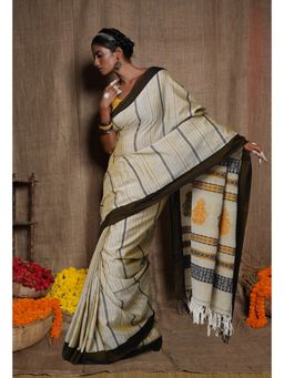 Unnati Silks - Cream Pure Handloom Nagaland Cotton Silk Saree with Unstitched Blouse