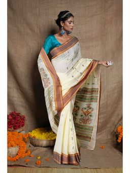 Unnati Silks - Cream Pure Bengal Sico Saree with Unstitched Blouse