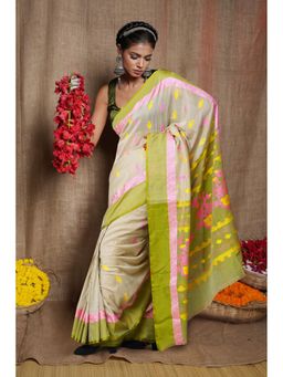 Unnati Silks - Beige Pure Bengal Sico Saree with Unstitched Blouse