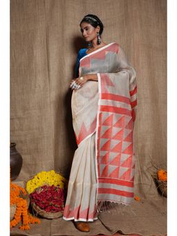 Unnati Silks - Cream Pure Bengal Sico Saree with Unstitched Blouse