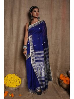 Unnati Silks - Navy Blue Pure Bengal Sico Saree with Unstitched Blouse