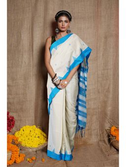 Unnati Silks - Cream Pure Bengal Sico Saree with Unstitched Blouse