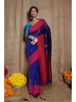 Unnati Silks - Navy Blue Pure Bengal Sico Saree with Unstitched Blouse