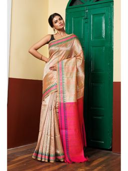 Unnati Silks - Beige Pink Pure Handloom Assam Sico Saree with Unstitched Blouse