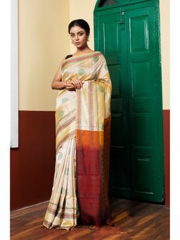 Unnati Silks - Cream Maroon Pure Handloom Assam Sico Saree with Unstitched Blouse