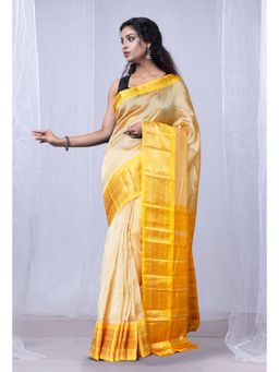 Unnati Silks - Cream Yellow Pure Handloom Gadwal Soft Silk Saree with Unstitched Blouse