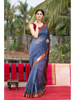 Unnati Silks - Grey Maroon Pure Handloom Maheshwari Sico Saree with Unstitched Blouse