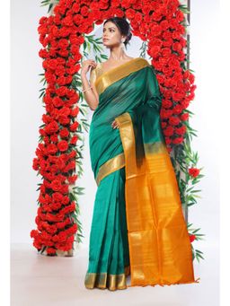 Unnati Silks - Turquoise Blue Yellow Pure Handloom Assam Sico Saree with Unstitched Blouse