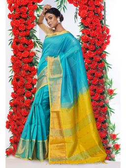 Unnati Silks - Turquoise Blue Yellow Pure Handloom Assam Sico Saree with Unstitched Blouse