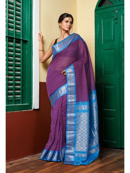 Unnati Silks - Purple Blue Pure Handloom Gadwal With Check Cotton Saree without Blouse