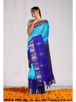 Unnati Silks - Turquoise Pure Assam Sico Saree with Unstitched Blouse