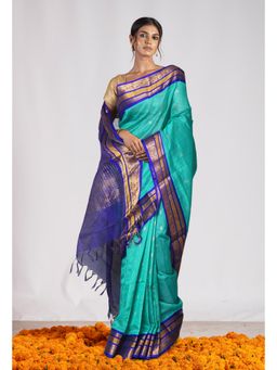 Unnati Silks - Turquoise Blue Pure Assam Sico Saree with Unstitched Blouse