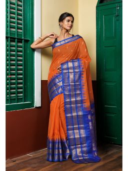 Unnati Silks - Orange Dark Blue Pure Handloom Gadwal Cotton Saree without Blouse