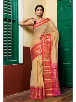 Unnati Silks - Ivory Cream Red Pure Handloom Gadwal Cotton Saree without Blouse