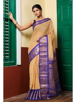 Unnati Silks - Beige Cream Dark Blue Pure Handloom Checks Gadwal Cotton Saree without Blouse