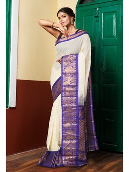 Unnati Silks - Cream Dark Blue Pure Handloom Checks Gadwal Cotton Saree without Blouse