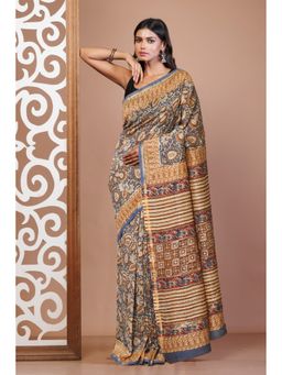 Unnati Silks - Blue Pure Bagru Printed Chanderi Sico Saree with Unstitched Blouse