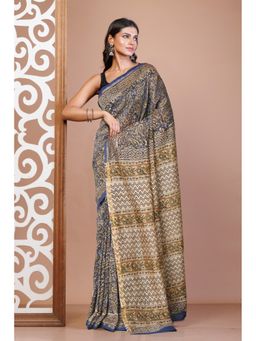 Unnati Silks - Blue Pure Bagru Printed Chanderi Sico Saree with Unstitched Blouse