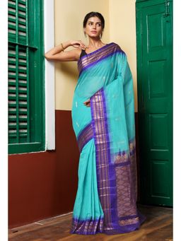 Unnati Silks - Turquoise Blue Dark Blue Pure Handloom Gadwal Cotton Saree without Blouse