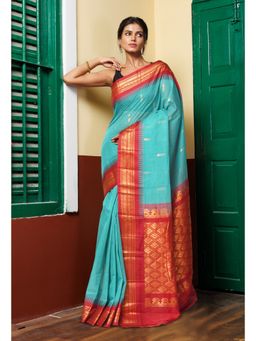 Unnati Silks - Turquoise Blue Red Pure Handloom Gadwal Cotton Saree without Blouse