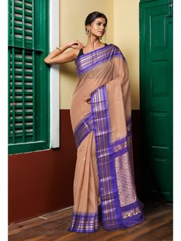 Unnati Silks - Beige Dark Blue Pure Handloom Gadwal Cotton Saree without Blouse
