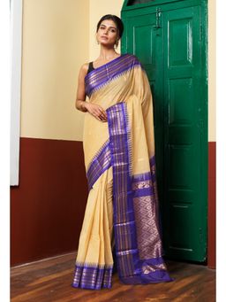 Unnati Silks - Cream Dark Blue Pure Handloom Gadwal Cotton Saree without Blouse